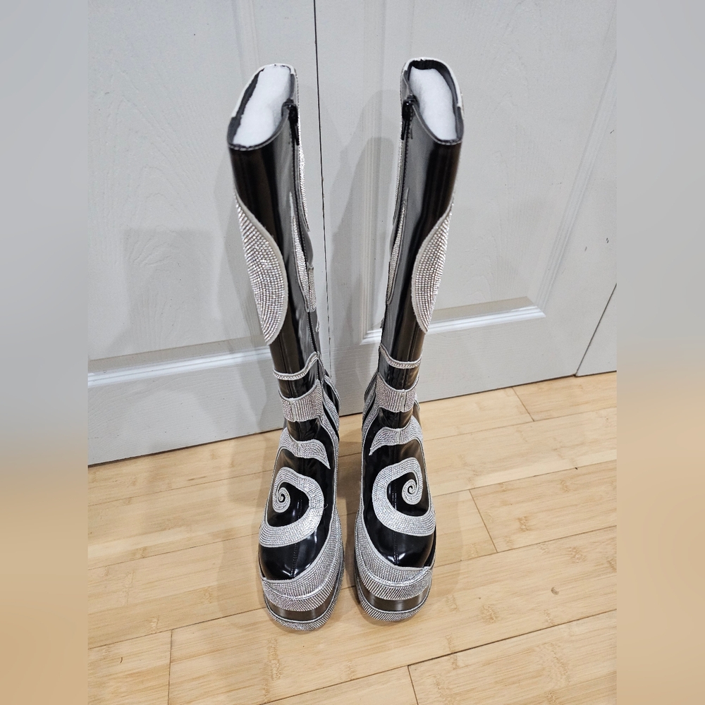 Dolls Kill Current Mood How Sweet It Is Platform Rhinestone Swirl Black Boots 8 - Picture 7 of 16